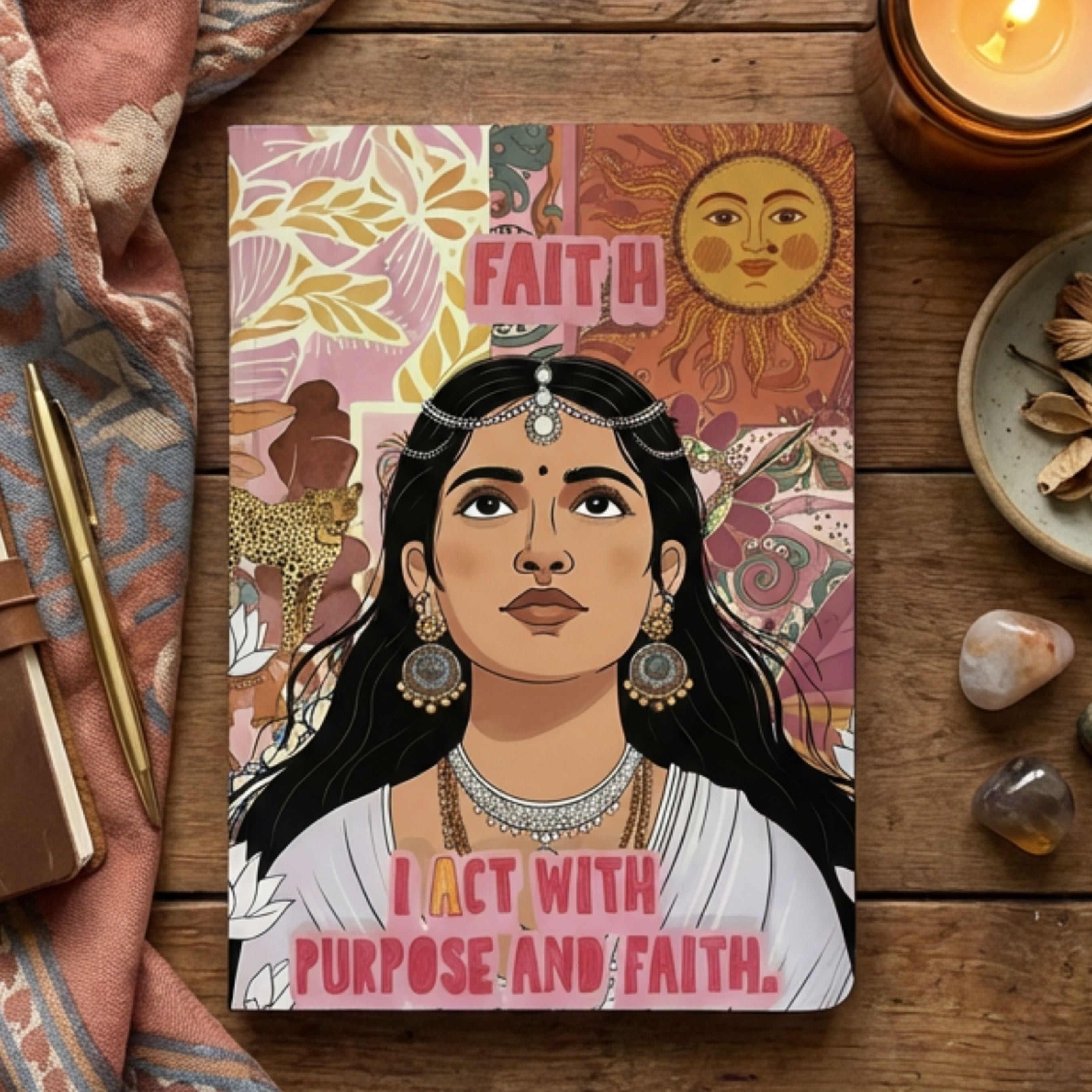 Story'd Faith journal featuring an illustrated Indian woman and the words “I Act With Purpose and Faith” on the cover.