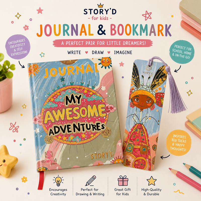 Story'd for Kids journal and matching bookmark featuring the "My Awesome Adventures" design for children's writing, drawing, and creativity.