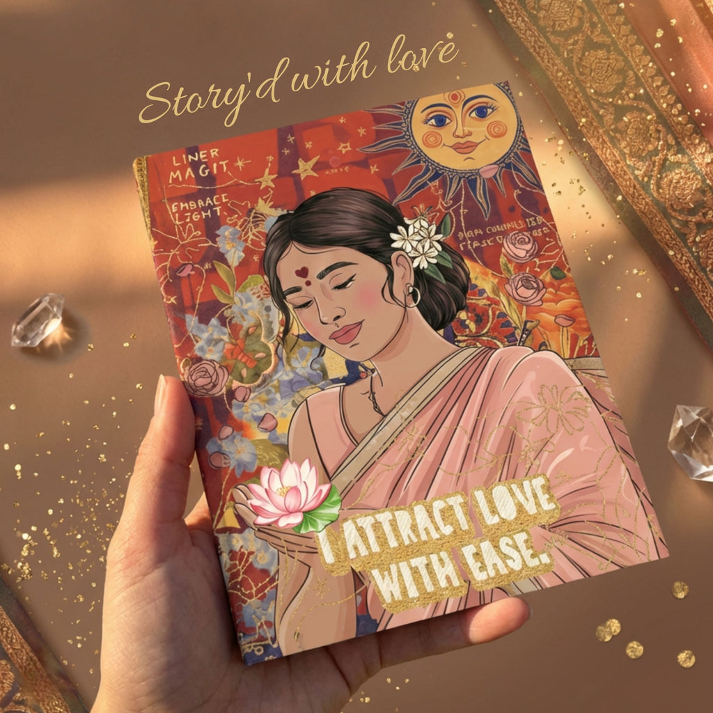 Decorative book with an illustration of a woman and motivational text, held by a hand on a warm-toned background.