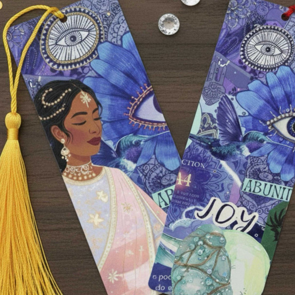 Decorative bookmark with a woman's portrait, flowers, and text on a wooden surface.