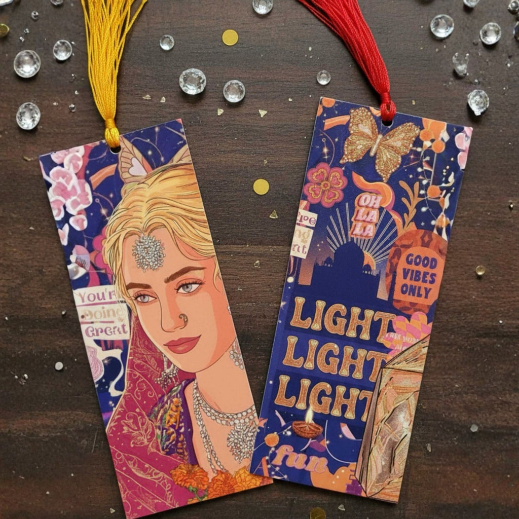 Two colorful bookmarks on a wooden surface with decorative elements.
