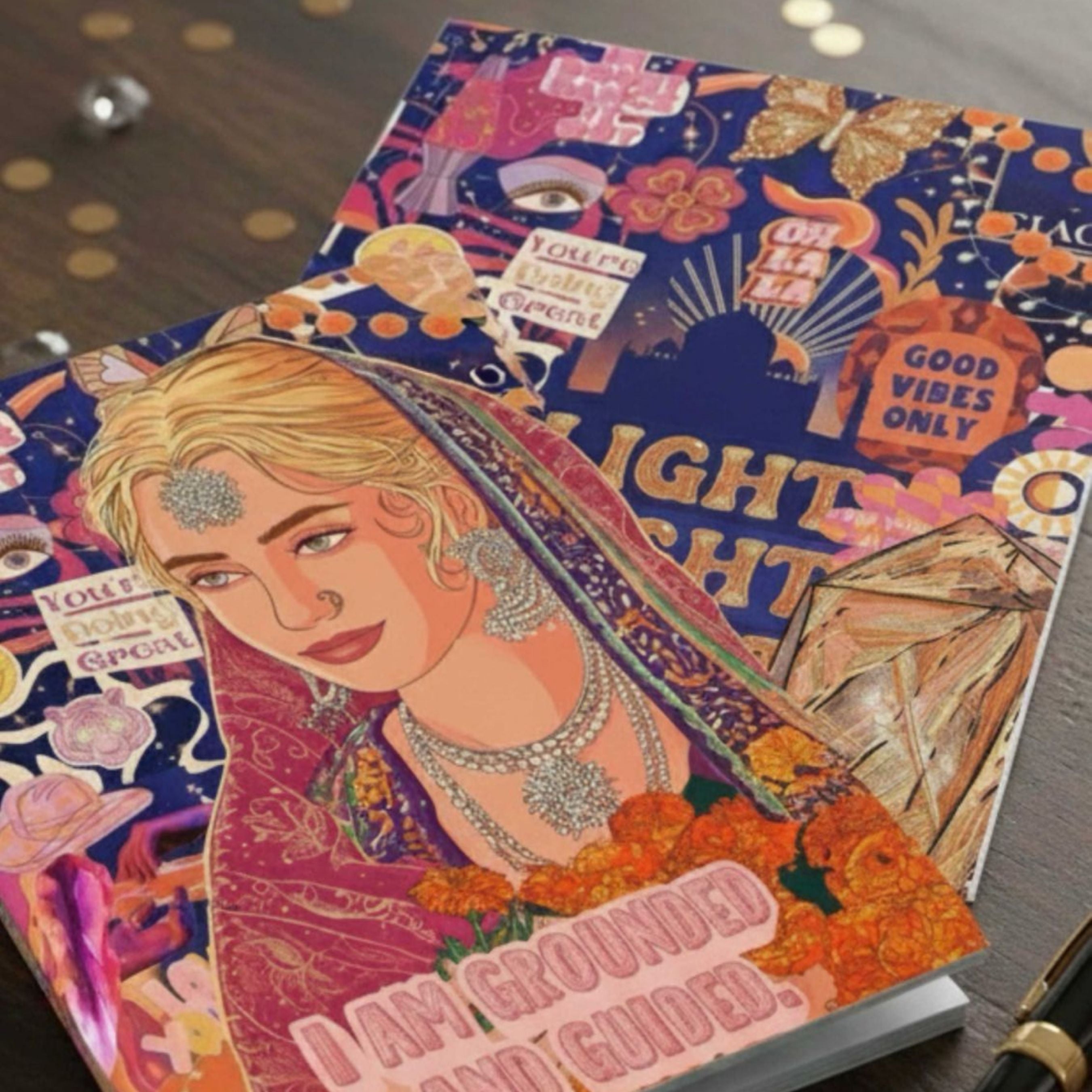 Colorful notebook with artistic design on a wooden surface