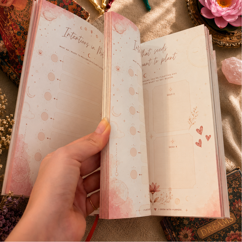 A hand holds an open journal showing pink celestial-themed pages with moon phases, stars, and journaling prompts. The journal is surrounded by decorative props including dried flowers, a pink lotus flower, crystals, and a patterned book on a beige fabric background.
