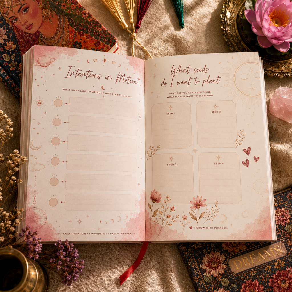 An open floral journal spread on a beige fabric surface, surrounded by decorative props including a pink flower, dried flowers, a brass pot, and patterned textiles. The left page reads 'Intentions in Motion' with lined writing space and moon phase illustrations.