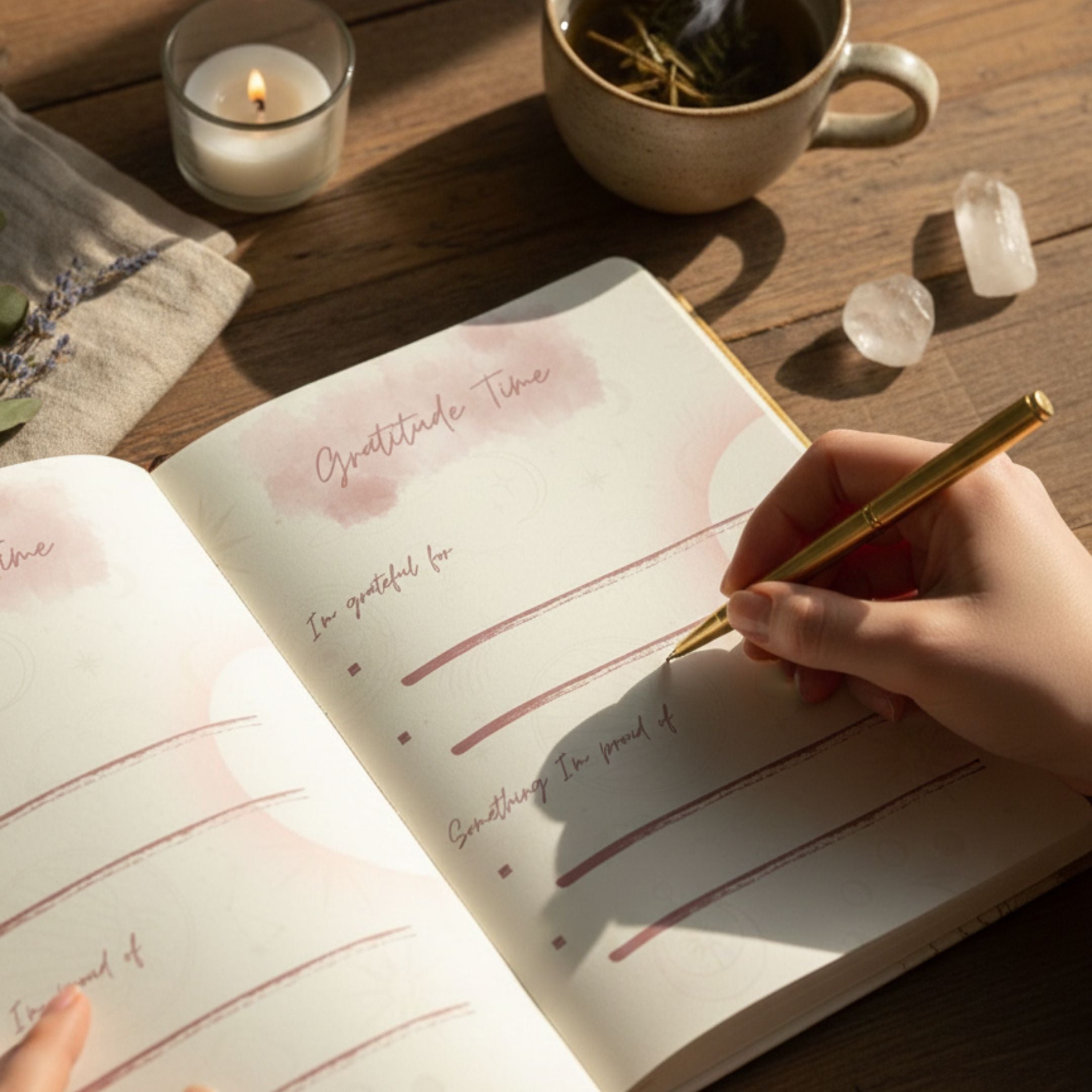 Person writing in a gratitude journal with a cup of tea and candle in the background
