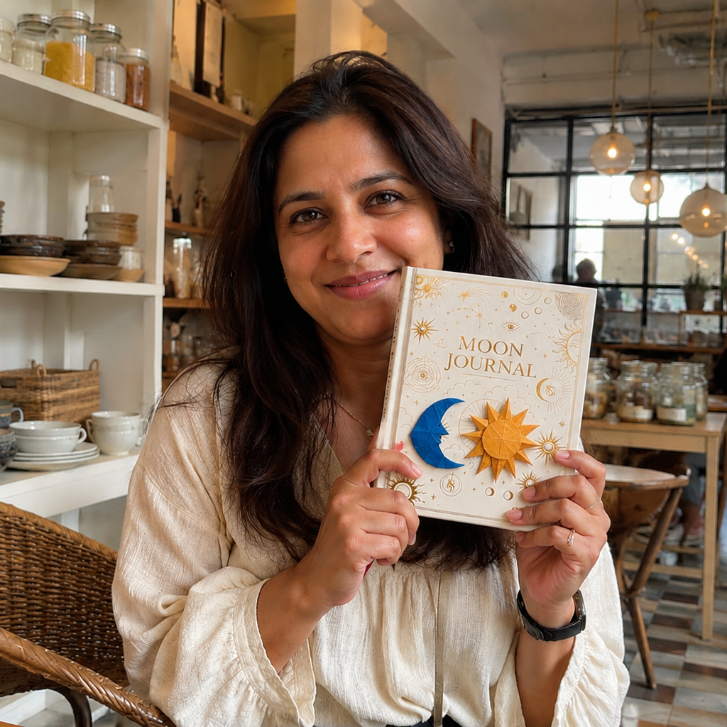 A woman holding a 'Moon Journal' with a cream cover featuring gold celestial illustrations, set in a cozy, sunlit cafe interior.