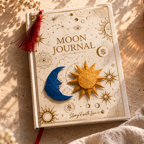 A decorative journal titled 'MOON JOURNAL' with celestial illustrations, shown in a styled flat-lay with dried flowers, a candle, crystals, and a cloth on a warm beige surface.