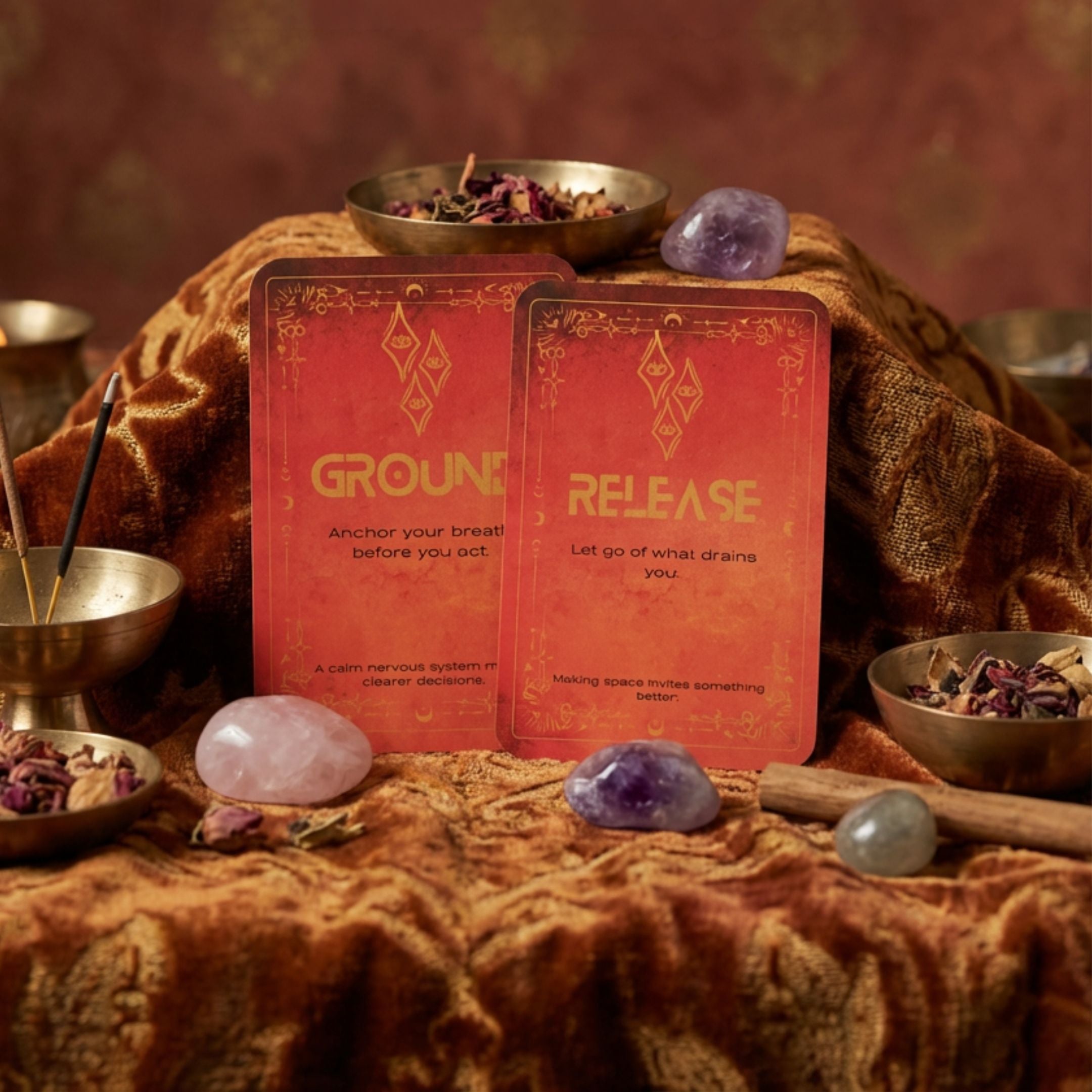 Two tarot cards titled 'Ground' and 'Release' on a textured surface with crystals and bowls.

