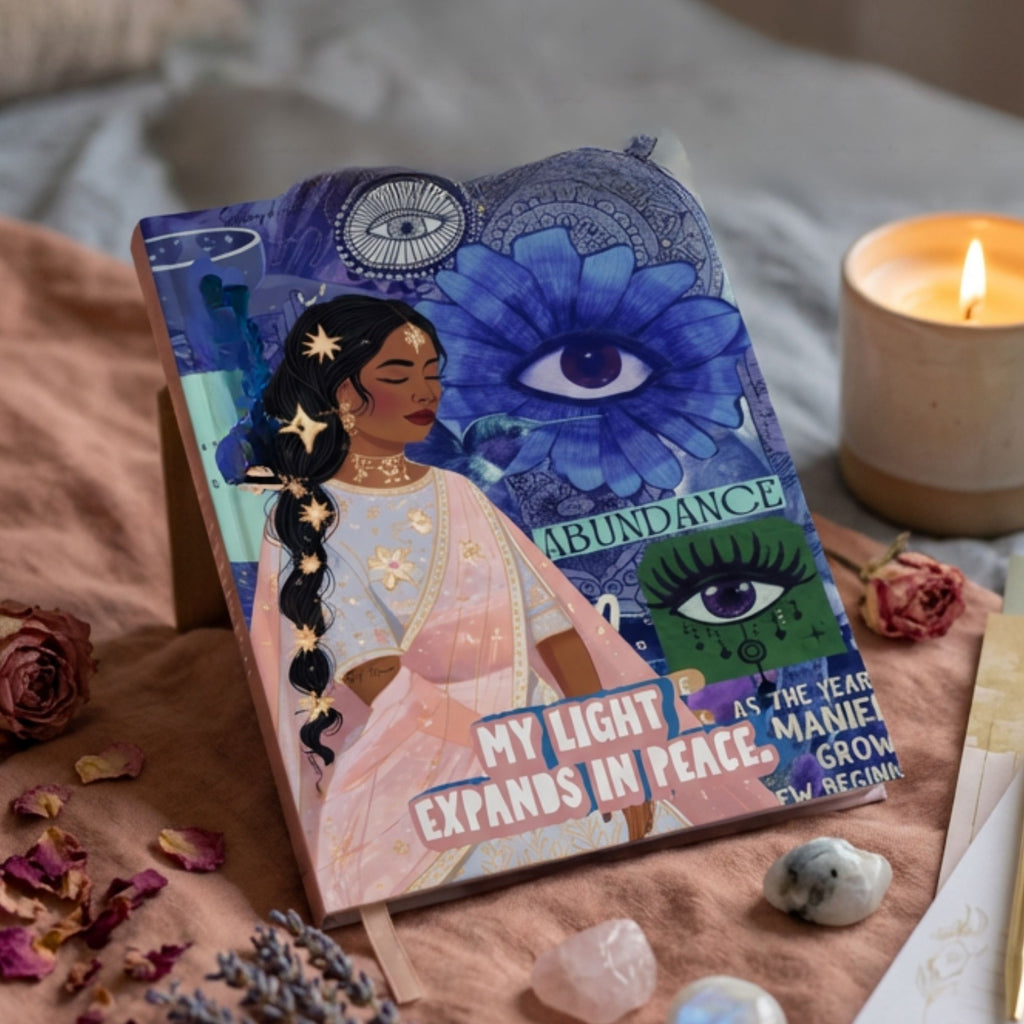 Joy abundance manifestation journal with illustrated cover, styled with candle, crystals, dried flowers and soft fabric background