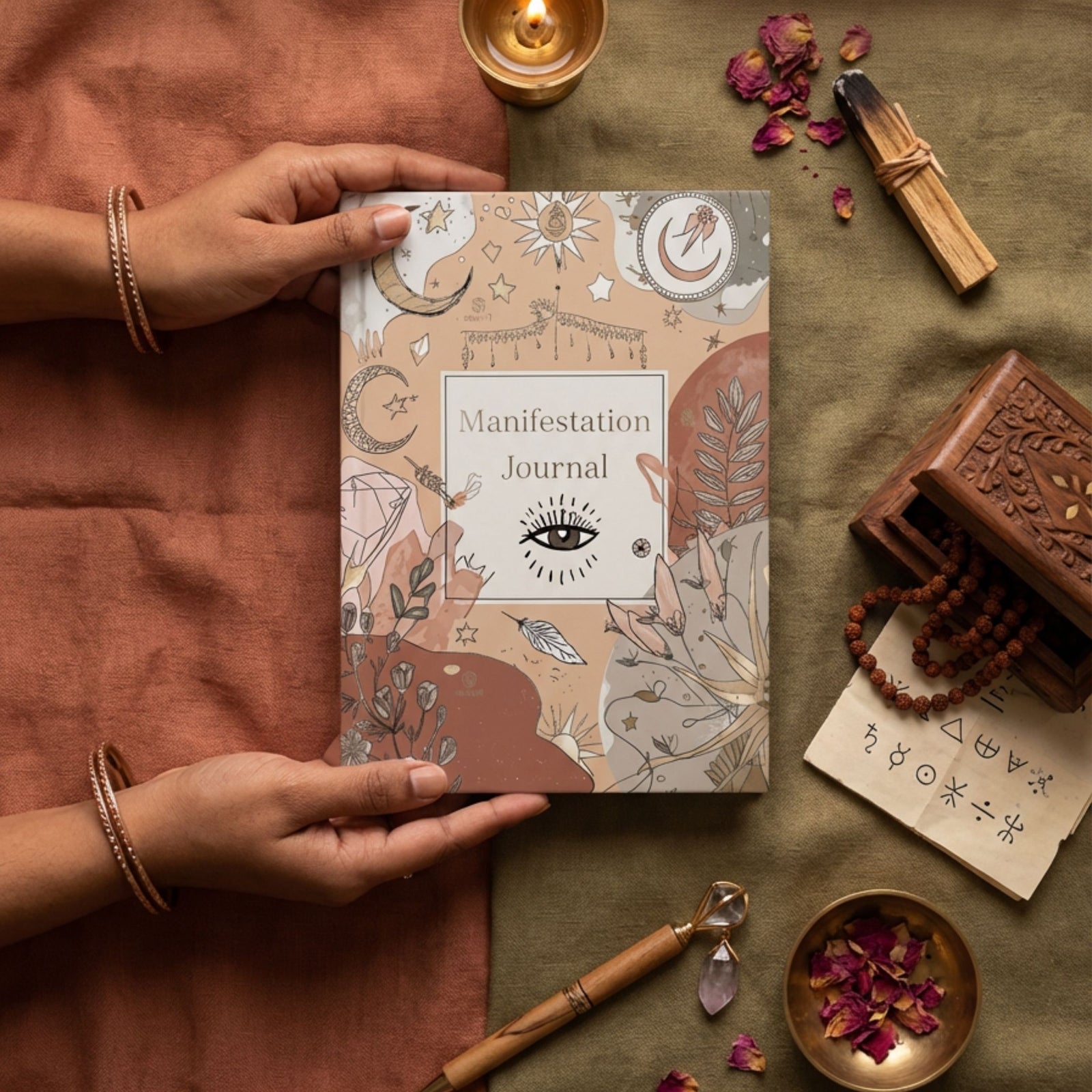 Hands holding a celestial-themed Manifestation Journal on a boho fabric background with ritual tools, palo santo, rose petals, and a wooden box.