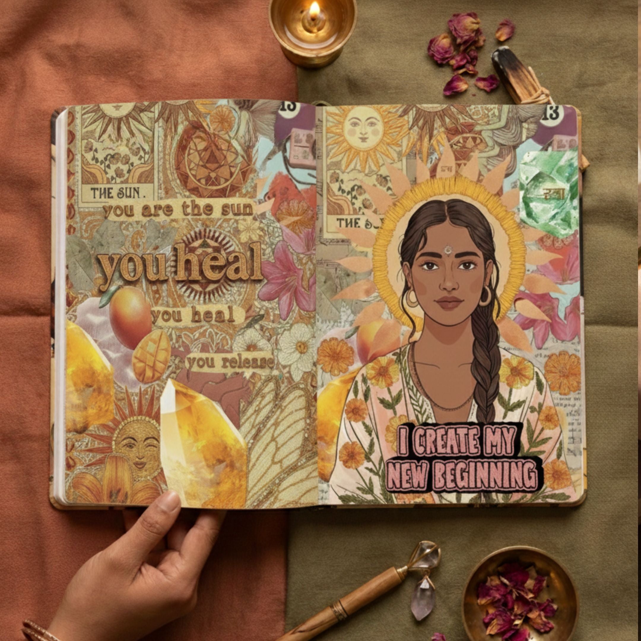 Manifestation journal with a woman's portrait and motivational text on a warm-toned surface.