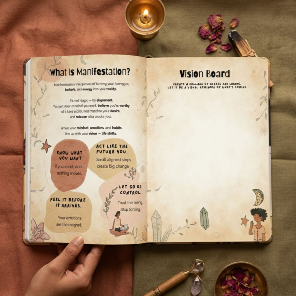Open book with illustrated pages on manifestation and vision board on a warm-toned fabric background.