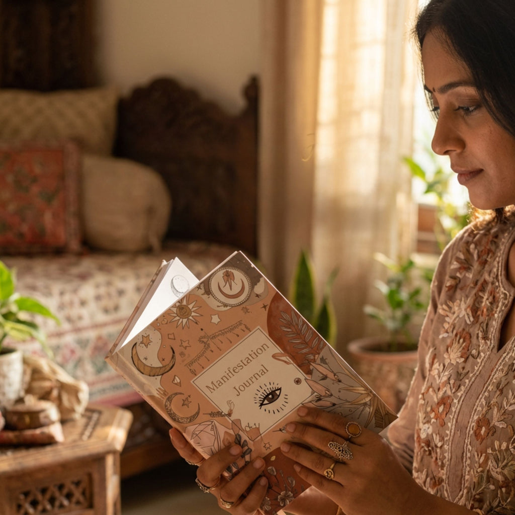 A woman in traditional embroidered attire reads a celestial-themed Manifestation Journal in a sunlit, earthy room — a serene moment of self-reflection and intention setting.